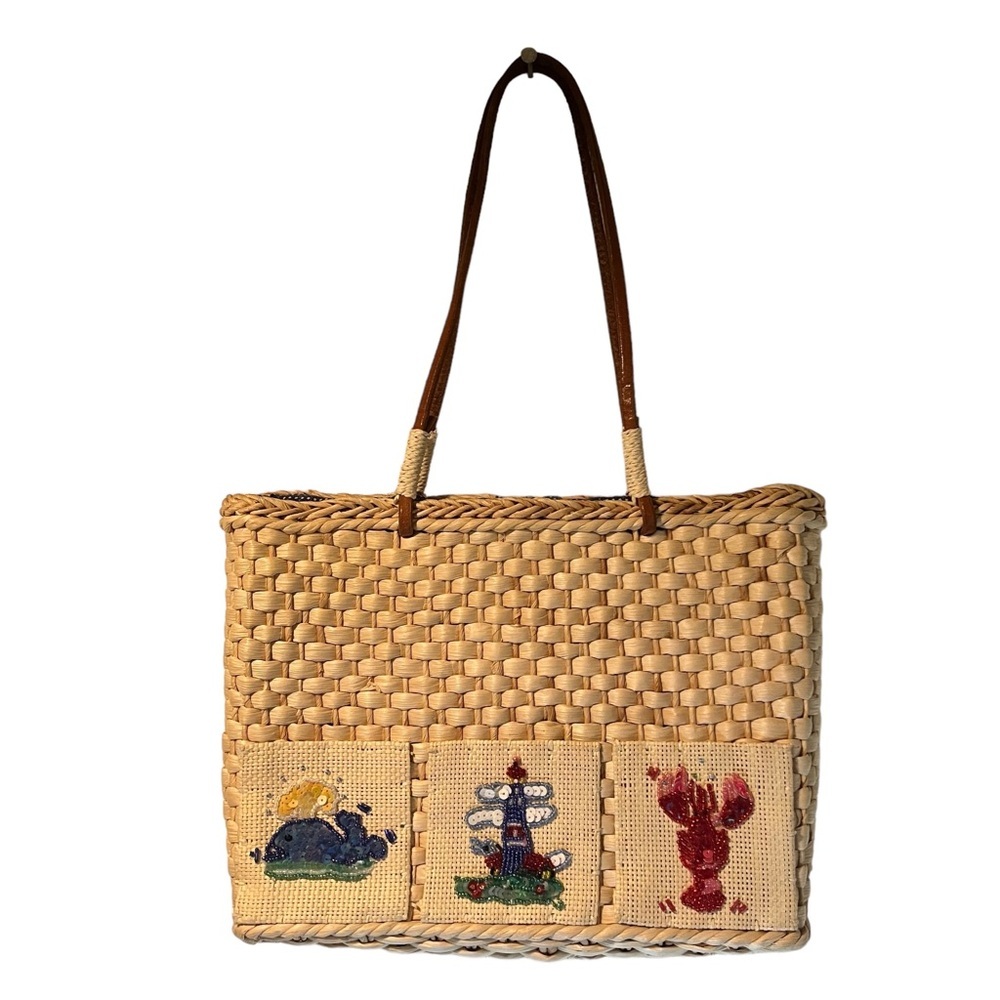 QVC Straw Wicker Nautical Tote Purse Satchel Lobster Lighthouse Whale Embroidery